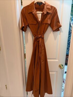 Zara Rust Brown Shirt-Waist Maxi Dress with Tie Belt